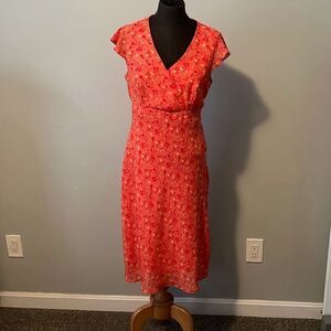 Ombre Womens Floral Ruffle Surplice Shift Midi Dress Orange Size 10